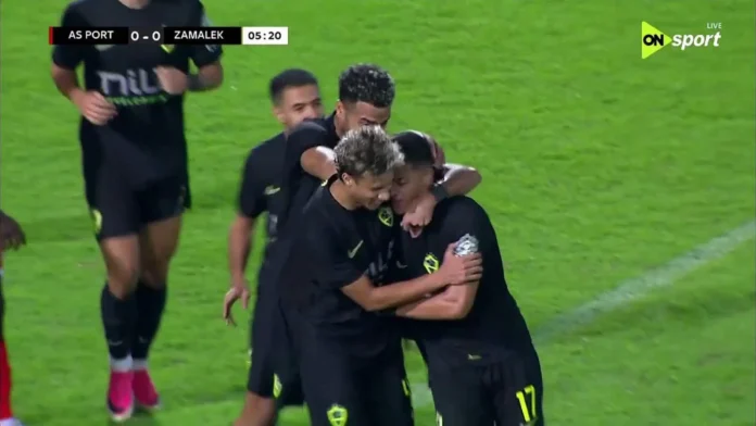 احتفال محمد شحاته بالهدف الأول فى مرمي الميناء الجيبوتي.